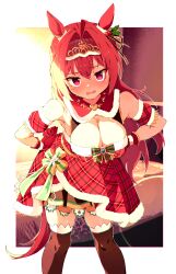 Rule 34 | 1girl, absurdres, animal ears, bare shoulders, black thighhighs, blush, border, breasts, capelet, cleavage, commentary request, daiwa scarlet (scarlet nuit etoile) (umamusume), daiwa scarlet (umamusume), dress, ear covers, feet out of frame, fur-trimmed capelet, fur-trimmed dress, fur-trimmed gloves, fur trim, gloves, hands on own hips, highres, horse ears, horse girl, horse tail, indoors, large breasts, long hair, looking at viewer, official alternate costume, official alternate hairstyle, open mouth, red capelet, red dress, red eyes, red gloves, red hair, sarabure, single ear cover, solo, tail, thighhighs, tiara, umamusume, white border