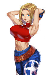 Rule 34 | 1girl, armpits, arms behind head, artist name, blonde hair, blue eyes, blue mary, breasts, curvy, fatal fury, highres, large breasts, legs, looking at viewer, midriff, navel, pants, parted lips, red lips, seductive smile, short hair, smile, snk, solo, the king of fighters, the king of fighters xv, thick thighs, thighs, toned, yukinoshinf