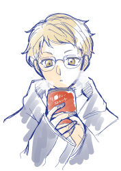 Rule 34 | 1boy, black coat, blonde hair, brown eyes, can, coat, glasses, haikyuu!!, highres, holding, holding can, long sleeves, male focus, short hair, sketch, solo, tomopiko 1224, tsukishima kei, upper body, white background