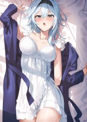 Rule 34 | 1girl, :o, bed sheet, black hairband, blue hair, blue robe, blush, breasts, chestnut mouth, cleavage, collarbone, commentary request, eula (genshin impact), eyelashes, genshin impact, hairband, highres, large breasts, light, light blue hair, lingerie, long hair, looking at viewer, lying, negligee, on back, on bed, open mouth, robe, shade, sidelocks, solo, sweatdrop, teeth, thighs, tongue, underwear, upper teeth only, window, xkirara39x, yellow eyes