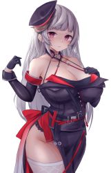 Rule 34 | 1girl, absurdres, azur lane, bad id, bad twitter id, black dress, breasts, cleavage, detached sleeves, dress, evening gown, gloves, grey hair, half gloves, hand on own chest, hat, highres, large breasts, long hair, looking at viewer, military hat, no panties, official alternate costume, pink eyes, side slit, simple background, solo, standing, thighhighs, under skirt, white background, white thighhighs, yorck (azur lane), yuuki shuri