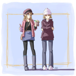 Rule 34 | 2girls, alternate costume, automatic giraffe, bag, beanie, black legwear, black shirt, blouse, blue background, blue eyes, blue skirt, boots, brown hair, bubble tea, cabbie hat, closed mouth, contemporary, crossed arms, cup, dark persona, disposable cup, dual persona, full body, grey footwear, grey pants, handbag, hat, holding, holding cup, hood, hood down, hoodie, jacket, knee boots, long hair, long sleeves, looking at another, looking away, looking to the side, multiple girls, nintendo, open clothes, open jacket, pants, pantyhose, parted bangs, parted lips, pink jacket, pointy ears, princess zelda, purple headwear, purple hoodie, red eyes, sheik, shirt, short hair, shoulder bag, sidelocks, signature, sketch, skirt, smile, standing, super smash bros., the legend of zelda, the legend of zelda: a link between worlds, the legend of zelda: a link to the past, the legend of zelda: ocarina of time, white footwear, white headwear