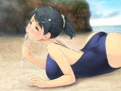 Rule 34 | 1girl, after fellatio, ass, beach, black hair, blue one-piece swimsuit, blush, breasts, crying, cum, cum in mouth, cum on hair, day, dimples of venus, facial, large breasts, legs, lying, ocean, on stomach, one-piece swimsuit, open mouth, original, outdoors, ponytail, short ponytail, sky, solo, swimsuit, tears, thighs, tongue, water, yellow eyes, yoko juusuke