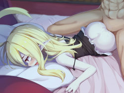 Rule 34 | 1boy, 1girl, ass, bags under eyes, bed, bed sheet, blonde hair, blush, clothed female nude male, hetero, highres, indoors, lying, motion lines, nude, ogami kazuki, on stomach, open mouth, pillow, prone bone, red eyes, sex, sex from behind, solo focus, tears, teeth, trembling, vampire