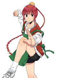 Rule 34 | 1girl, absurdres, apron, black eyes, black shorts, braid, chiiko (handakuon), clenched hand, fighting stance, foreshortening, highres, long sleeves, looking at viewer, lu xiaotang, red hair, sakamoto days, shirt, shoes, shorts, simple background, sneakers, solo, white background, white footwear, white legwear, white shirt