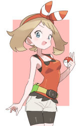 Rule 34 | 1girl, bike shorts, blue eyes, blush, bow hairband, breasts, brown hair, cleavage, creatures (company), fanny pack, game freak, gazacy (dai), hairband, highres, holding, holding poke ball, may (pokemon), nintendo, open mouth, poke ball, poke ball (basic), pokemon, pokemon oras, red tank top, short hair, shorts, shorts under skirt, simple background, solo, tank top, two-tone background, white shorts