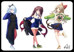 3girls absurdres ahoge alternate_costume artist_logo asahi_(vjss4548) black_border black_dress black_footwear black_jacket blonde_hair blue_coat blue_dress blue_eyes blue_hair blue_skirt border brown_hair cat_girl cat_tail closed_mouth clothes_writing clothing_cutout coat commentary_request contemporary dress drop-shaped_pupils facing_viewer flower-shaped_pupils from_behind full_body furina_(genshin_impact) genshin_impact green_eyes green_footwear green_jacket hair_ribbon heterochromia highres holding holding_unworn_clothes hu_tao_(genshin_impact) jacket kirara_(genshin_impact) leggings logo long_hair long_sleeves looking_at_viewer looking_back multicolored_clothes multicolored_jacket multiple_girls multiple_tails nekomata one_eye_closed open_mouth orange_footwear pantyhose pink_pantyhose pleated_skirt red_eyes red_leggings ribbon shoes short_hair shoulder_cutout simple_background skirt slit_pupils smile sneakers standing standing_on_one_leg sweater sweater_dress symbol-shaped_pupils tail tongue tongue_out twintails two-tone_dress two-tone_footwear two-tone_jacket unworn_jacket very_long_hair white_background white_dress white_footwear white_jacket