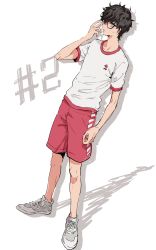 Rule 34 | 1boy, amamiya ren, black hair, closed mouth, full body, glasses, grey eyes, gym uniform, hair between eyes, highres, male focus, persona, persona 5, red shorts, sawa2, shirt, shoes, short sleeves, shorts, simple background, sneakers, solo, standing, sweat, white footwear, white shirt