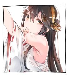 Rule 34 | 1girl, black hair, brown eyes, commentary request, detached sleeves, hair ornament, hairband, hairclip, haruna (kancolle), headgear, japanese clothes, kantai collection, long hair, looking at viewer, ribbon-trimmed sleeves, ribbon trim, satsumi, simple background, solo, upper body, white background