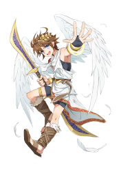 Rule 34 | 1boy, ahoge, angel, angel wings, bike shorts, blue eyes, bow (weapon), brown hair, dark.h, feathers, full body, holding, holding bow (weapon), holding weapon, kid icarus, kid icarus uprising, laurel crown, male focus, nintendo, open mouth, pit (kid icarus), scarf, simple background, solo, weapon, white background, white scarf, wings