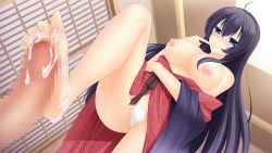 Rule 34 | 1girl, agekichi, ahoge, asato hitoha, bare shoulders, barefoot, blue eyes, blush, breasts, breasts out, censored, cum, cum on body, cum on feet, feet, footjob, from below, game cg, giuniu, groin, hair between eyes, index finger raised, indoors, japanese clothes, kenja no okuri imouto, kimono, large breasts, legs, long hair, looking at viewer, mosaic censoring, naughty face, nipples, no bra, open clothes, original, panties, penis, purple hair, smile, standing, thighs, toes, underwear, very long hair