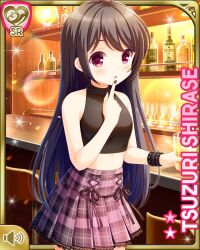 Rule 34 | 1girl, :o, ahoge, alternate hairstyle, black hair, brown background, card (medium), character name, day, girlfriend (kari), gyaru, indoors, official art, open mouth, pink skirt, plaid, plaid skirt, pleated skirt, pointing, pointing at self, qp:flapper, red eyes, shirase tsuzuri, shirase tuzuri, shoes, skirt, socks, solo, tag, tagme, tank top