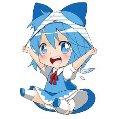 Rule 34 | 1girl, absurdres, arms up, bad id, bad pixiv id, berry jou, bloomers, blue dress, blue eyes, blue panties, blush, bow, chibi, cirno, dress, hair bow, highres, object on head, open mouth, panties, panties on head, shirt, short hair, smile, solo, strap pull, striped clothes, striped panties, touhou, underwear, wings