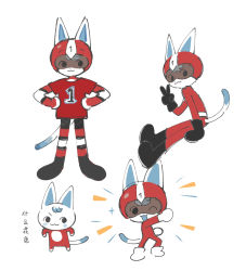 Rule 34 | 1boy, :3, ;3, animal crossing, animal ears, arm support, arm up, bike shorts, black eyes, black footwear, black gloves, blue hair, blush stickers, body fur, bodysuit, cat boy, cat ears, cat tail, chibi, closed mouth, clothes writing, commentary request, dot nose, ears through headwear, from side, full body, furry, furry male, gloves, guu (hakahonoo), hand up, hands on own hips, happy, helmet, invisible chair, kid cat (animal crossing), knee pads, layered sleeves, long sleeves, looking at viewer, looking to the side, male focus, motorcycle helmet, multiple views, nintendo, no headwear, no pupils, official style, one eye closed, open mouth, raised fist, red bodysuit, red headwear, red shirt, shirt, short sleeves, simple background, sitting, sketch, spandex, sparkle, spread legs, standing, straight-on, sunburst, t-shirt, tail, tail raised, translation request, v, v-shaped eyebrows, white background, white footwear, white fur