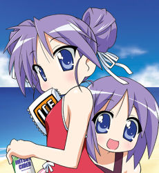 Rule 34 | 00s, 2girls, alternate hairstyle, chirorian, double bun, hiiragi kagami, hiiragi tsukasa, lowres, lucky star, mouth hold, multiple girls, one-piece swimsuit, siblings, sisters, swimsuit, twins