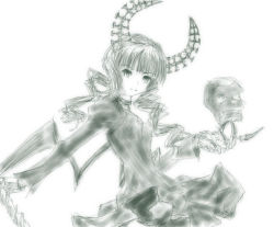 10s 1girl black_rock_shooter dead_master female_focus hier horns monochrome skull solo white_background