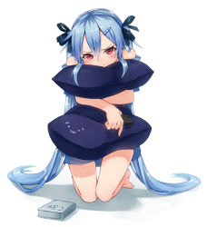 Rule 34 | 1girl, :t, barefoot, blue hair, blush, bonnzinnak, book, cellphone, full body, hair ornament, hair ribbon, hairclip, hugging object, long hair, looking at viewer, original, phone, pillow, pillow hug, pout, red eyes, ribbon, simple background, solo, tears, twintails, very long hair, white background