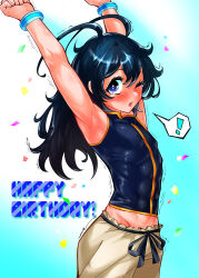 ! 1boy ;o abs ahoge armpits arms_up aygoftenover black_hair black_shirt blue_eyes blush brown_pants clenched_hands gradient_background happy_birthday highres long_hair male_focus meng_long one_eye_closed pants shirt shy_(series) speech_bubble spoken_exclamation_mark trembling