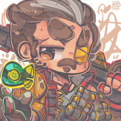 Rule 34 | 1boy, 30-30 repeater, absurdres, animification, apex legends, black vest, bomb, explosive, facial hair, fingerless gloves, frown, fuse (apex legends), gloves, grey shirt, gun, hair behind ear, highres, holding, holding gun, holding weapon, jewelry, jrpencil, male focus, mechanical arms, multicolored hair, mustache, necklace, over shoulder, red gloves, shirt, single glove, single mechanical arm, solo, soul patch, streaked hair, thick eyebrows, v-shaped eyebrows, vest, weapon, weapon over shoulder