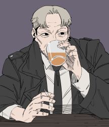 Rule 34 | 1boy, beer glass, black coat, black necktie, chainsaw man, cigarette, coat, collared shirt, drinking, facial hair, formal, grey background, grey hair, highres, holding, holding cigarette, kishibe (chainsaw man), looking to the side, male focus, necktie, shirt, short hair, shunsuke (narunaru37101), simple background, solo, stubble, suit, undercut, white shirt