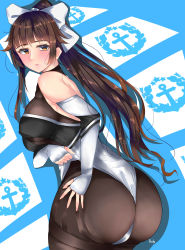 Rule 34 | 1girl, absurdres, ass, azur lane, bare shoulders, blush, bodysuit, bow, breasts, bridal gauntlets, brown eyes, brown hair, deep skin, from behind, hair bow, highres, large breasts, long hair, looking at viewer, ponytail, rulu, shiny skin, sideboob, solo, takao (azur lane), takao (full throttle charmer) (azur lane), very long hair