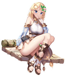 Rule 34 | 1girl, absurdres, alternate species, barefoot sandals (jewelry), blonde hair, blue eyes, blush, breasts, cosplay, crossover, dayshiart, detached sleeves, elf, flower, hair flower, hair ornament, highres, hololive, hololive english, kokkoro (princess connect!), kokkoro (princess connect!) (cosplay), medium breasts, pink flower, pointy ears, pouch, princess connect!, sandals, see-through, see-through sleeves, sitting, solo, toes, virtual youtuber, watson amelia