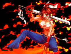 Rule 34 | 1girl, benimura karu, breasts, cleavage, cleavage cutout, clothing cutout, copyright request, denim, eyepatch, fire, jeans, karukaru, pants, ponytail, red eyes, red hair, solo, sword, weapon