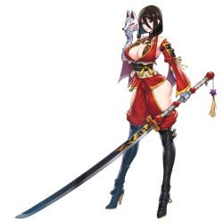 Rule 34 | 1girl, black hair, boots, breasts, c.honey, cleavage, fox mask, full body, game cg, hair between eyes, high heel boots, high heels, highres, holding, holding mask, holding sword, holding weapon, huge weapon, japanese clothes, kunoichi kaen, large breasts, last origin, looking at viewer, mask, unworn mask, medium hair, mole, mole on breast, ninja, official art, ootachi, red eyes, sword, tachi-e, thigh boots, thighhighs, transparent background, weapon