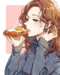 Rule 34 | 1girl, bacon, blue eyes, bread slice, brown hair, earrings, egg, egg (food), food, fried egg, fried egg on toast, grey sweater, hands up, highres, jewelry, long hair, long sleeves, open mouth, original, pink background, shinishi chiho, signature, solo, sunny side up egg, sweater, toast, upper body