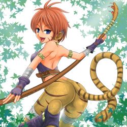Rule 34 | 1girl, absurdres, animal ears, ass, bad id, bad pixiv id, blue eyes, breath of fire, breath of fire ii, cat ears, cat tail, erugiza, facial mark, fang, fingerless gloves, gloves, highres, open mouth, orange hair, rinpoo chuan, short hair, shown, smile, staff, tail, whisker markings