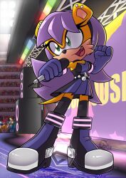 Rule 34 | 1girl, clenched hands, darknoiseuk, dress, gloves, green eyes, holding, holding microphone, long hair, microphone, mina mongoose, open mouth, purple gloves, purple hair, short dress, sonic (series), sonic the hedgehog (archie comics), stage, teeth, upper teeth only