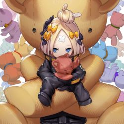 Rule 34 | 1girl, abigail williams (fate), abigail williams (traveling outfit) (fate), black bow, black jacket, blonde hair, blue eyes, bow, commentary request, covered mouth, crossed bandaids, fate/grand order, fate (series), hair bow, hair bun, jacket, long hair, long sleeves, looking away, looking to the side, nyantyubosi, hugging object, official alternate costume, orange bow, oversized object, parted bangs, polka dot, polka dot bow, simple background, single hair bun, sleeves past fingers, sleeves past wrists, solo, stuffed animal, stuffed toy, teddy bear, white background