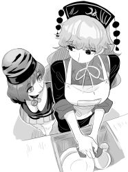 Rule 34 | 2girls, apron, bare shoulders, breasts, choker, dishwashing, downblouse, dress, foreshortening, frogsnake, greyscale, hecatia lapislazuli, height difference, junko (touhou), long hair, looking at another, medium breasts, medium hair, monochrome, multiple girls, phoenix crown, pleated skirt, simple background, sink, skirt, sleeves rolled up, tabard, thighs, touhou, white background