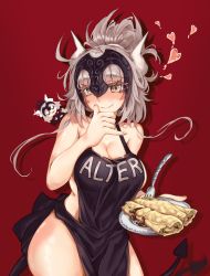 Rule 34 | 1girl, alternate costume, apron, blush, collarbone, contrapposto, cosplay, eyelashes, closed eyes, fang, fate/grand order, fate (series), food, halterneck, headpiece, heart, helltaker, helltaker dance, highres, horns, jeanne d&#039;arc (fate), jeanne d&#039;arc alter (avenger) (fate), jeanne d&#039;arc alter (fate), looking at viewer, lucifer (helltaker), lucifer (helltaker) (cosplay), pancake, ponytail, red background, ru 251, silver hair, single horn, smile, tail, tail wagging, yellow eyes