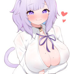 Rule 34 | 1girl, animal ears, arm under breasts, blue hair, blush, bow, breasts, cat ears, cat girl, cat tail, cleavage, collar, colored inner hair, commission, heart, highres, hololive, kani bonara, large breasts, looking at viewer, medium hair, multicolored hair, naked shirt, necktie, nekomata okayu, nekomata okayu (oversized shirt), official alternate costume, purple bow, purple eyes, purple hair, purple necktie, shirt, skeb commission, smile, solo, sweat, tail, virtual youtuber, white background, white shirt