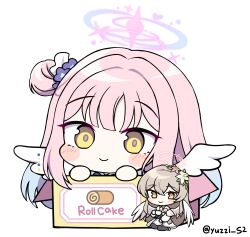 Rule 34 | 2girls, absurdres, angel wings, black pantyhose, blue archive, blunt bangs, blush stickers, box, brown eyes, cake, cardboard box, chibi, commentary request, cup, feathered wings, flower, food, grey hair, hair between eyes, hair bun, hair flower, hair ornament, hair scrunchie, halo, highres, in box, in container, long hair, long sleeves, looking at viewer, mika (blue archive), multiple girls, nagisa (blue archive), one side up, pantyhose, pink hair, school uniform, scrunchie, serafuku, sidelocks, simple background, single side bun, sitting, size difference, smile, swiss roll, teacup, wariza, white background, white wings, wings, yellow eyes, yukki bunny