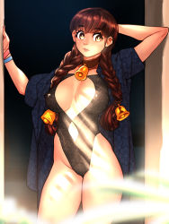 Rule 34 | 1girl, absurdres, arm behind head, arms up, bangle, bathrobe, bell, belle (cheunchin), black leotard, blush, bracelet, braid, breasts, breasts apart, brown eyes, brown hair, center opening, cheunchin, clothing cutout, commentary, covered erect nipples, dappled moonlight, doorway, english commentary, hair bell, hair ornament, highleg, highleg leotard, highres, impossible clothes, impossible leotard, jewelry, jingle bell, large breasts, leotard, lips, long braid, long hair, looking at viewer, moonlight, navel cutout, neck bell, open clothes, open robe, original, robe, see-through, see-through leotard, solo, standing, thigh gap, thighs, twin braids