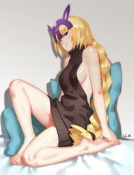 Rule 34 | 1girl, alternate costume, arms at sides, artist name, backless dress, backless outfit, bare shoulders, barefoot, bed sheet, black dress, black sweater, blonde hair, blue eyes, braid, breasts, dress, artistic error, fate/grand order, fate (series), feet, from side, hair ornament, hair tie, halterneck, headpiece, highres, jeanne d&#039;arc (fate), jeanne d&#039;arc (ruler) (fate), jeanne d&#039;arc alter (fate), knee up, l.k, long hair, looking at viewer, medium breasts, meme attire, no bra, on bed, pillow, ribbed sweater, shiny skin, sideboob, single braid, sitting, sleeveless, sleeveless turtleneck, smile, solo, sweater, sweater dress, toenails, toes, turtleneck, turtleneck sweater, very long hair, virgin killer sweater, wrong foot