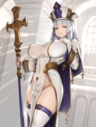 Rule 34 | 1girl, backlighting, blue hat, blue thighhighs, breasts, bridal gauntlets, cape, commentary request, covered erect nipples, covered navel, cowboy shot, cross, dress, hand on own chest, hat, highres, holding, holding staff, houtengeki, large breasts, long hair, long sleeves, looking at viewer, mitre, no panties, original, parted lips, pelvic curtain, priestess, robe, silver hair, smile, solo, staff, teeth, thighhighs, thighs, white dress, white hat, white thighhighs, yellow eyes