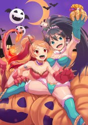 Rule 34 | &gt;:d, 10s, 2girls, :d, animal hands, aqua eyes, aqua thighhighs, arm up, armlet, armpits, bag, bare shoulders, bat (animal), bat wings, black hair, blush, boots, bow, breasts, choker, claws, cleavage, collarbone, crescent moon, dan (orange train), earrings, elbow gloves, fangs, fiery tail, ganaha hibiki, ghost, gloves, halloween, halloween costume, horns, idolmaster, idolmaster (classic), idolmaster million live!, jack-o&#039;-lantern, jewelry, long hair, looking at viewer, moon, multiple girls, ogami tamaki, open mouth, orange hair, paw gloves, paw shoes, ponytail, pumpkin, red eyes, scrunchie, shoes, sitting, smile, sparkle, spread legs, tail, thigh boots, thighhighs, v-shaped eyebrows, very long hair, wings