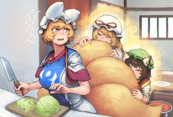 Rule 34 | 3girls, absurdres, adapted costume, alternate eye color, animal ear fluff, animal ears, animal hat, behind another, blonde hair, blush, breasts, brown eyes, brown hair, butcher knife, cat ears, chanta (ayatakaoisii), chen, chopping, closed eyes, counter, cowboy shot, cutting board, dress, earrings, fluffy, flustered, flying sweatdrops, food, fox tail, glowing, green headwear, happy, hat, hat ribbon, highres, holding, holding knife, huge filesize, indoors, jewelry, knife, large breasts, long hair, long skirt, long sleeves, looking at another, looking back, mob cap, multiple girls, multiple tails, nose blush, open mouth, plate, red ribbon, red vest, ribbon, shirt, short hair, skirt, sleeves rolled up, slit pupils, tabard, table, tail, tail grab, teeth, tongue, touhou, vegetable, vest, white dress, white headwear, white shirt, white skirt, yakumo ran, yakumo yukari