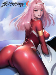 Rule 34 | 1girl, absurdres, arched back, ass, blue eyes, bodysuit, breasts, cloud, darling in the franxx, highres, horns, kidmo, large breasts, long hair, looking back, parted lips, pink hair, red bodysuit, skin tight, sky, smile, solo, spread legs, zero two (darling in the franxx)