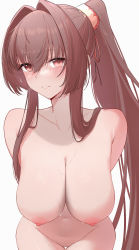 Rule 34 | 1girl, absurdres, breasts, brown hair, completely nude, dongye1551, highres, kantai collection, large breasts, long hair, nipples, nude, ponytail, pussy, red eyes, solo, sweat, uncensored, upper body, white background, yamato (kancolle)