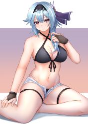 Rule 34 | 1girl, absurdres, artist request, bad id, bad pixiv id, bare arms, bare shoulders, bikini, bikini under clothes, black bikini, black gloves, blue hair, breasts, cleavage, eula (genshin impact), fingerless gloves, front-tie bikini top, front-tie top, genshin impact, gloves, hair ornament, hairband, half-closed eyes, halterneck, highres, looking at viewer, medium breasts, medium hair, navel, open fly, short shorts, shorts, skindentation, solo, swimsuit, thigh strap, white shorts