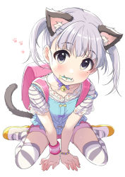 Rule 34 | 1girl, :3, animal ears, backpack, bag, bead bracelet, beads, bell, between legs, black eyes, blue shirt, blush, bracelet, cat ears, cat girl, cat tail, choker, collarbone, fang, fish, full body, jewelry, jingle bell, kemonomimi mode, looking at viewer, mizore (sabamizo channel), mole, mole under eye, mouth hold, pink shorts, randoseru, ribbon choker, sabamizo channel, shirt, shoes, short hair, short shorts, short sleeves, shorts, silver hair, simple background, sitting, solo, striped clothes, striped thighhighs, tail, thighhighs, tsukana (saba mizore), twintails, virtual youtuber, wariza, white background, white thighhighs