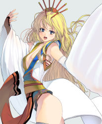 Rule 34 | 1girl, amaterasu (mythology), ass, blonde hair, blue eyes, breasts, cleavage, detached sleeves, fingerless gloves, gloves, highres, japanese mythology, kouno (masao), long hair, looking at viewer, open mouth, solo, teeth, tongue, very long hair