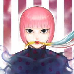 Rule 34 | black eyes, blonde hair, blue hair, blunt bangs, bodysuit, closed mouth, commentary, hair in another&#039;s mouth, hinata shogo, looking at viewer, mouth hold, multicolored hair, pink hair, polka dot, polka dot shirt, red lips, shirt, smile, striped, striped background, sunny (toriko), tommyrod (toriko), toriko (series), white hair
