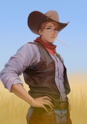 1boy america_(hetalia) axis_powers_hetalia bandana bandana_around_neck belt belt_buckle blonde_hair blue_eyes blue_pants blue_sky brown_belt brown_hat brown_vest buckle chaps commentary_request cowboy_hat cowboy_shot denim glasses hand_on_own_hip hat jeans looking_to_the_side male_focus mouth_hold open_clothes open_vest pants parted_lips red_bandana semi-rimless_eyewear shirt shirt_tucked_in sky sleeves_rolled_up solo stalk_in_mouth to@st vest wheat white_shirt