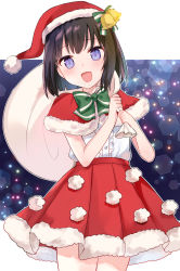 Rule 34 | 1girl, :d, bell, black hair, blush, bow, capelet, center frills, chiune (yachi), frills, fur-trimmed capelet, fur-trimmed headwear, fur-trimmed skirt, fur trim, hachisuka hatsuno, hands up, hat, head tilt, highres, holding, holding sack, looking at viewer, open mouth, pleated skirt, purple eyes, red capelet, red hat, red skirt, sack, santa costume, santa hat, shirt, short hair, skirt, smile, solo, striped, striped bow, tsumugu otome to taishou no tsuki, white shirt