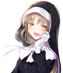 Rule 34 | 1girl, :d, black dress, blush, brown eyes, brown hair, dress, fuji fujino, gloves, habit, hand up, highres, long sleeves, looking at viewer, nijisanji, nun, open mouth, ribbon, simple background, sister claire, sister claire (1st costume), smile, solo, traditional nun, upper body, virtual youtuber, white background, white gloves, white ribbon, zipper pull tab